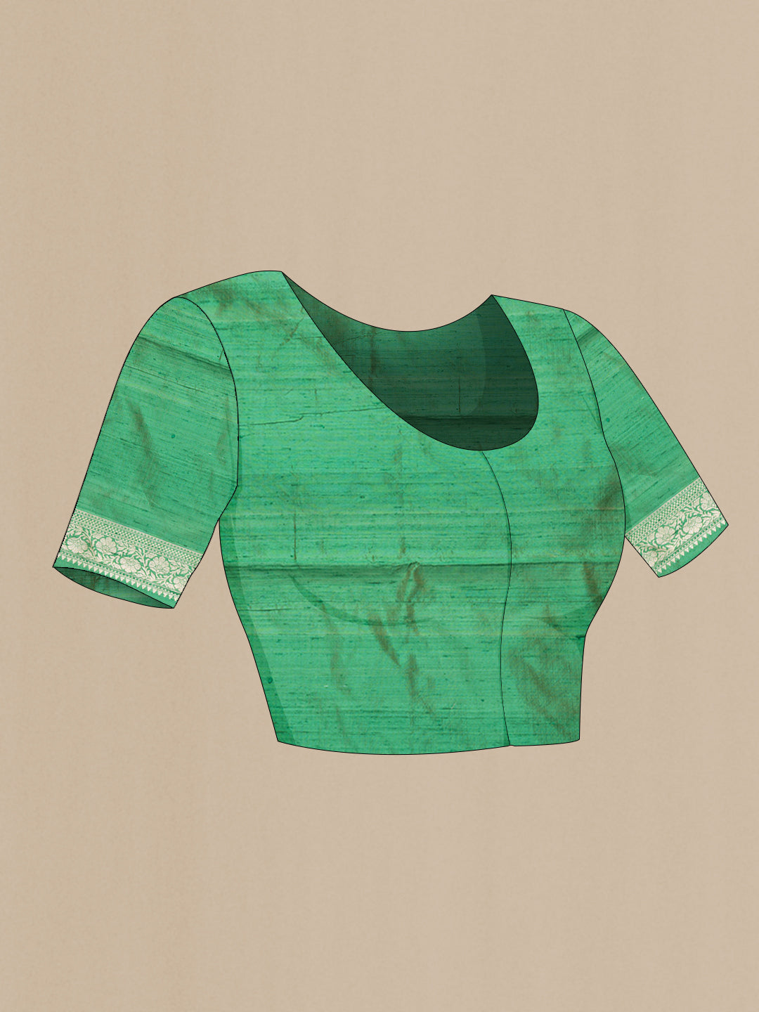 Close up image of the blouse of Green Dual Tone Raw Silk Saree with Zari Butta on the body and Zari Border. 