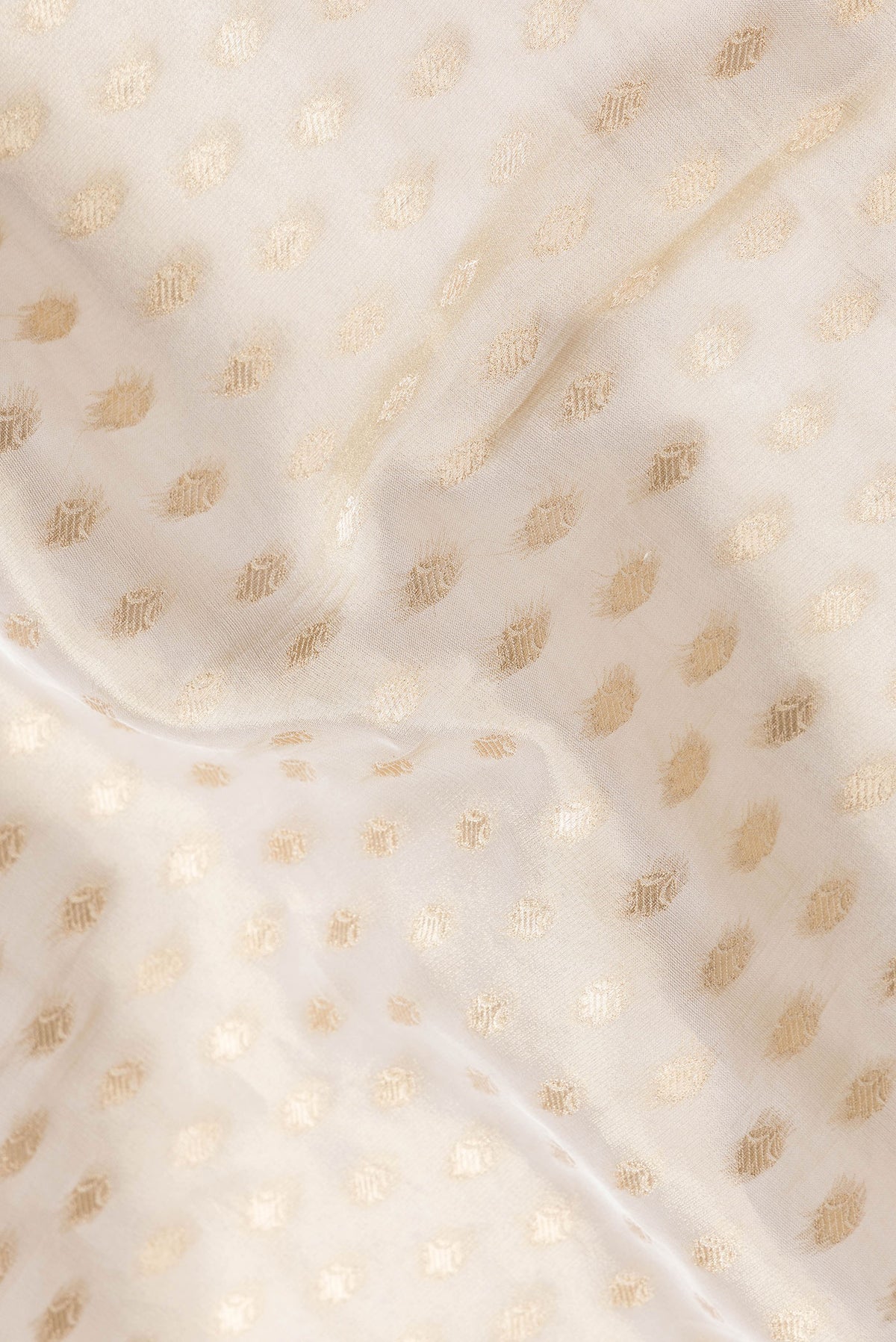 Close up of Gold Dual Tone Banarasi Georgette Saree with Zari Brocade on the body and Embroidery Border.  displaying folds