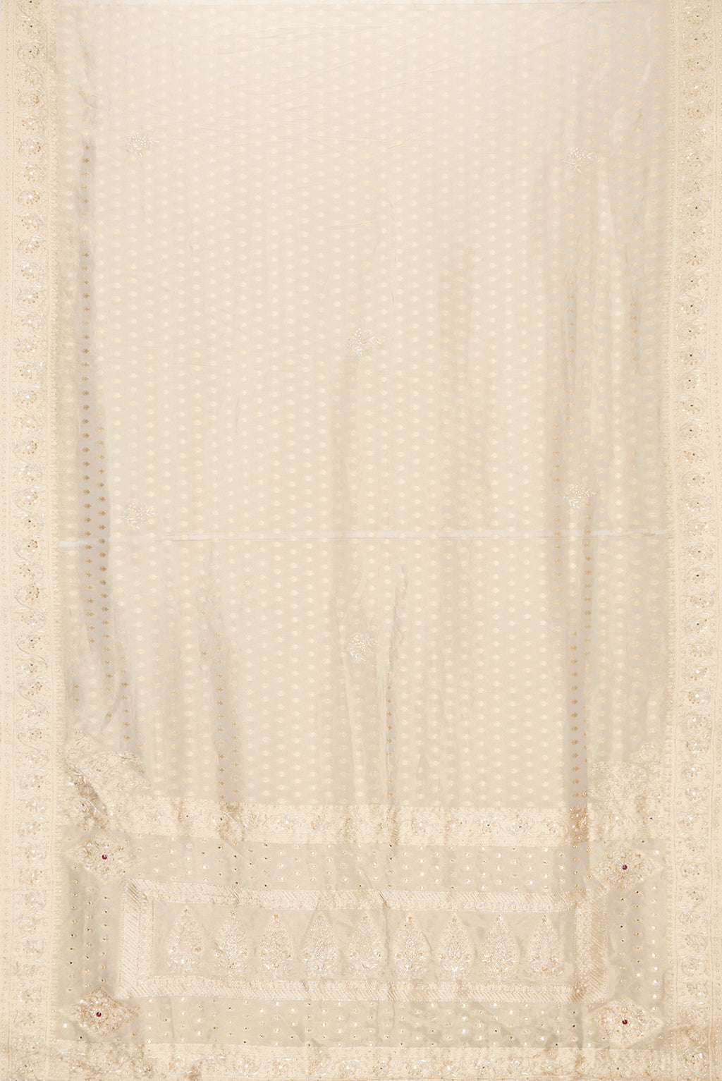 Flat view of Gold Dual Tone Banarasi Georgette Saree with Zari Brocade on the body and Embroidery Border. 