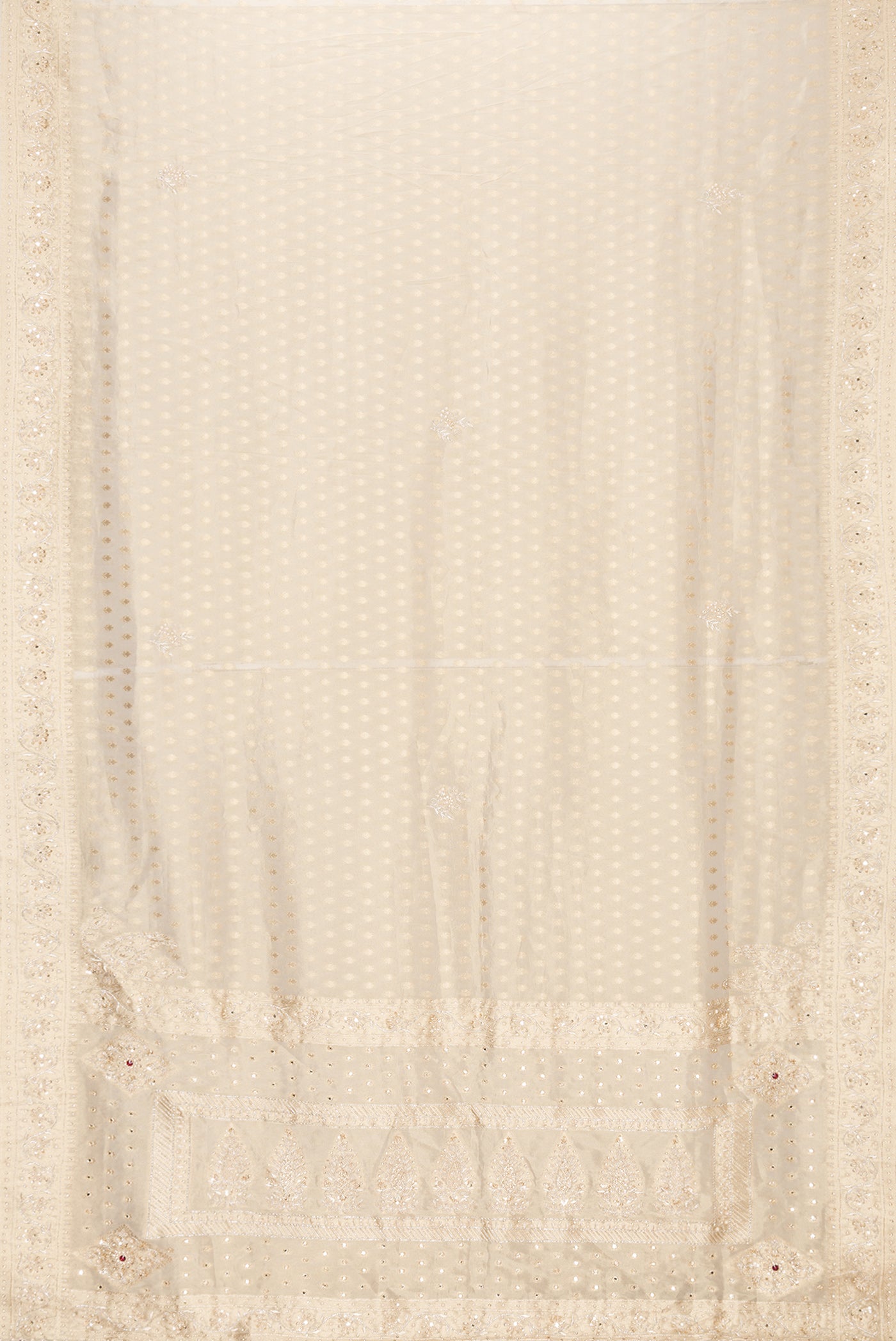Flat view of Gold Dual Tone Banarasi Georgette Saree with Zari Brocade on the body and Embroidery Border. 