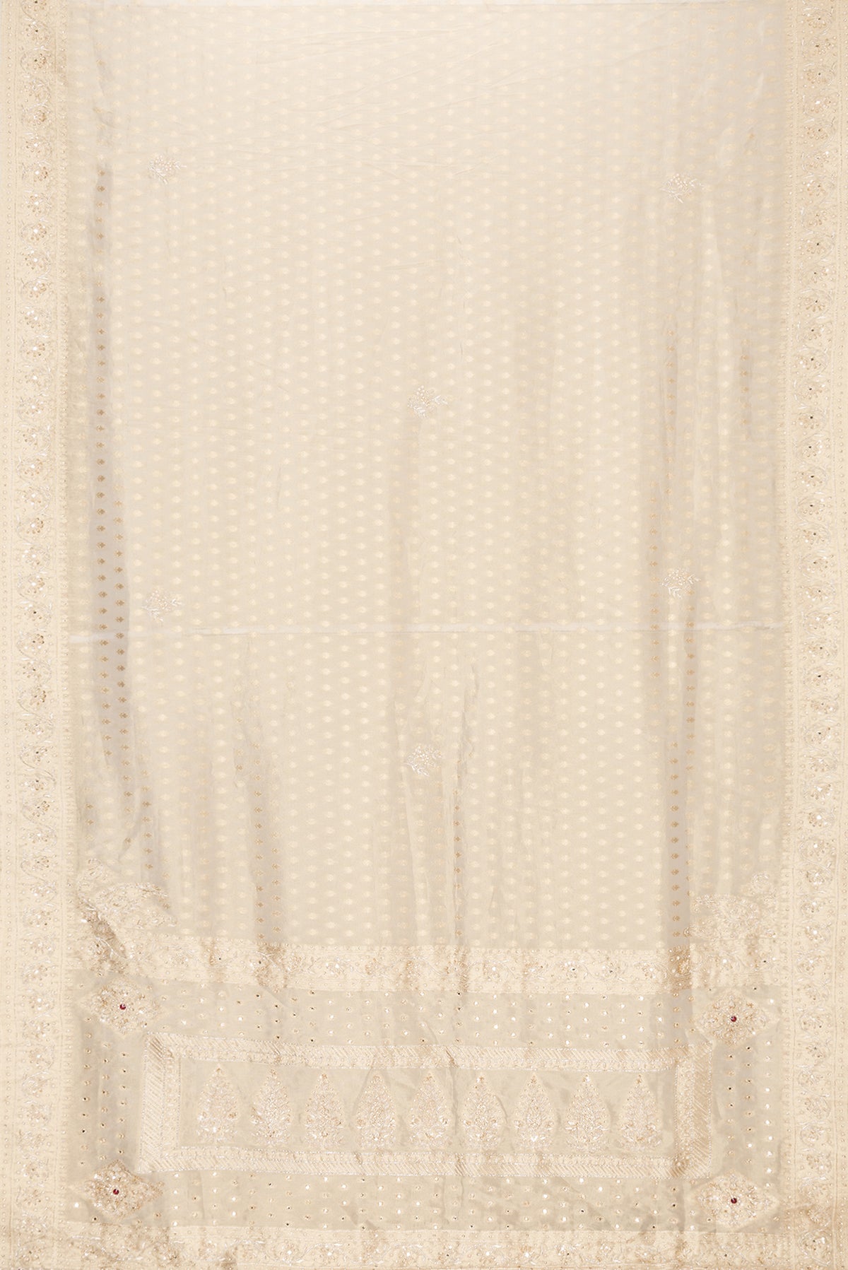 Flat view of Gold Dual Tone Banarasi Georgette Saree with Zari Brocade on the body and Embroidery Border. 