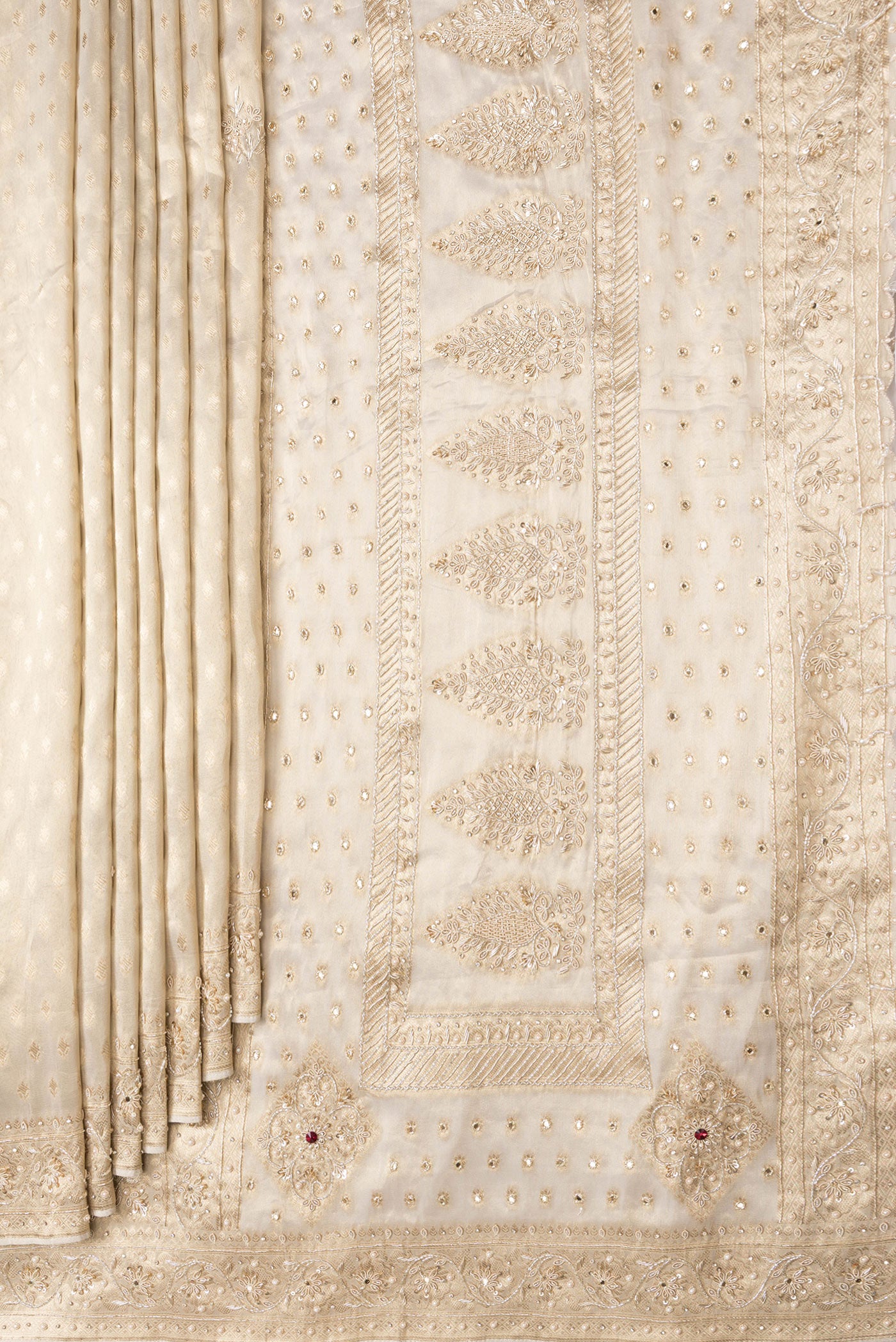 Pleats and pallu of Gold Dual Tone Banarasi Georgette Saree with Zari Brocade on the body and Embroidery Border. 