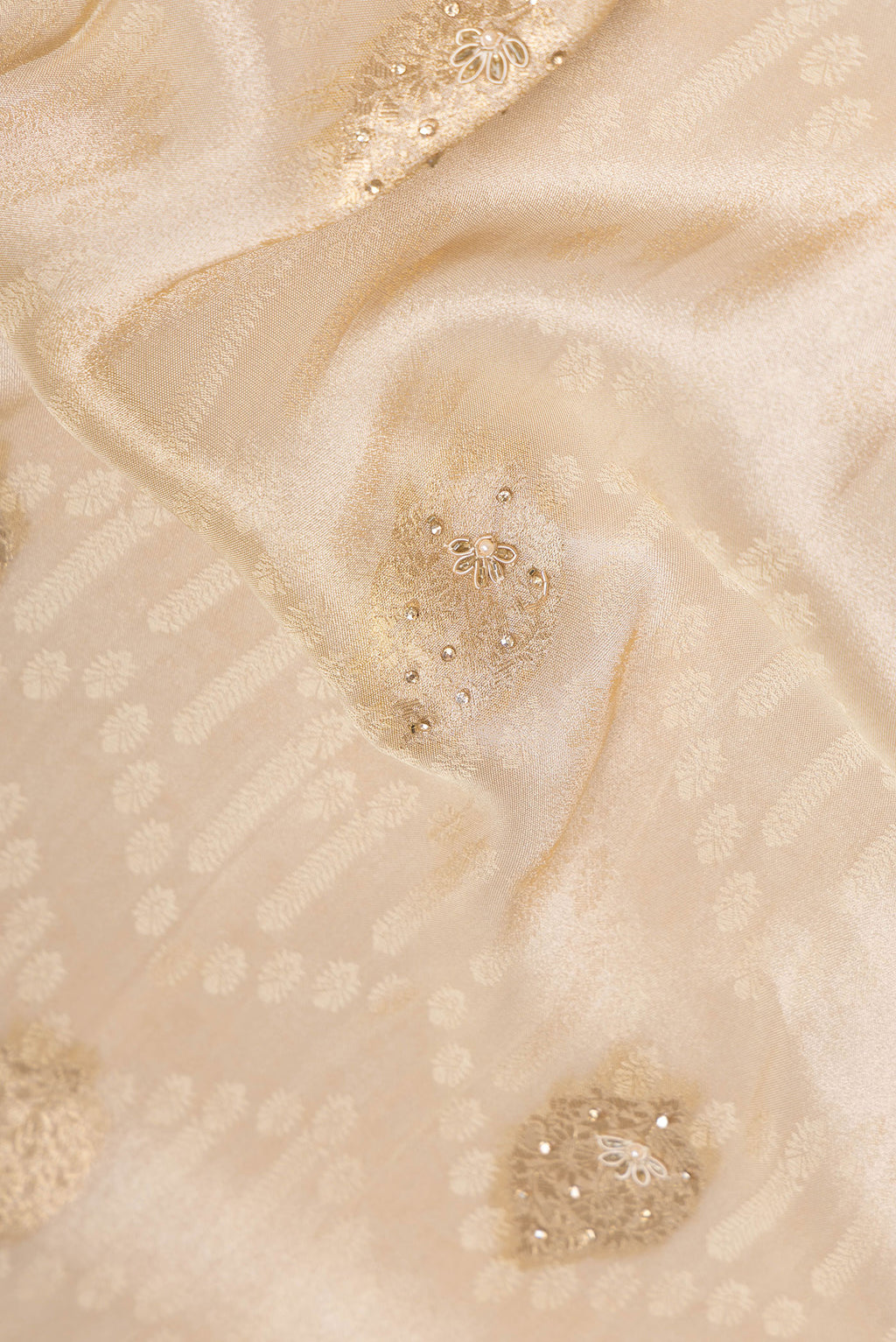 Close up of Beige Dual Tone Banarasi Georgette Saree with Embroidery on the body and Embroidery Border.  displaying folds