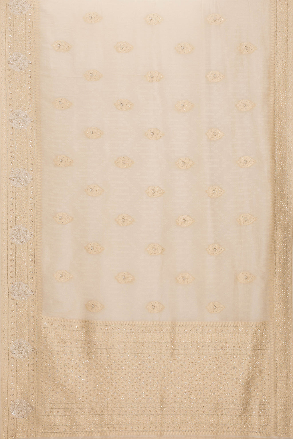 Flat view of Beige Dual Tone Banarasi Georgette Saree with Embroidery on the body and Embroidery Border. 
