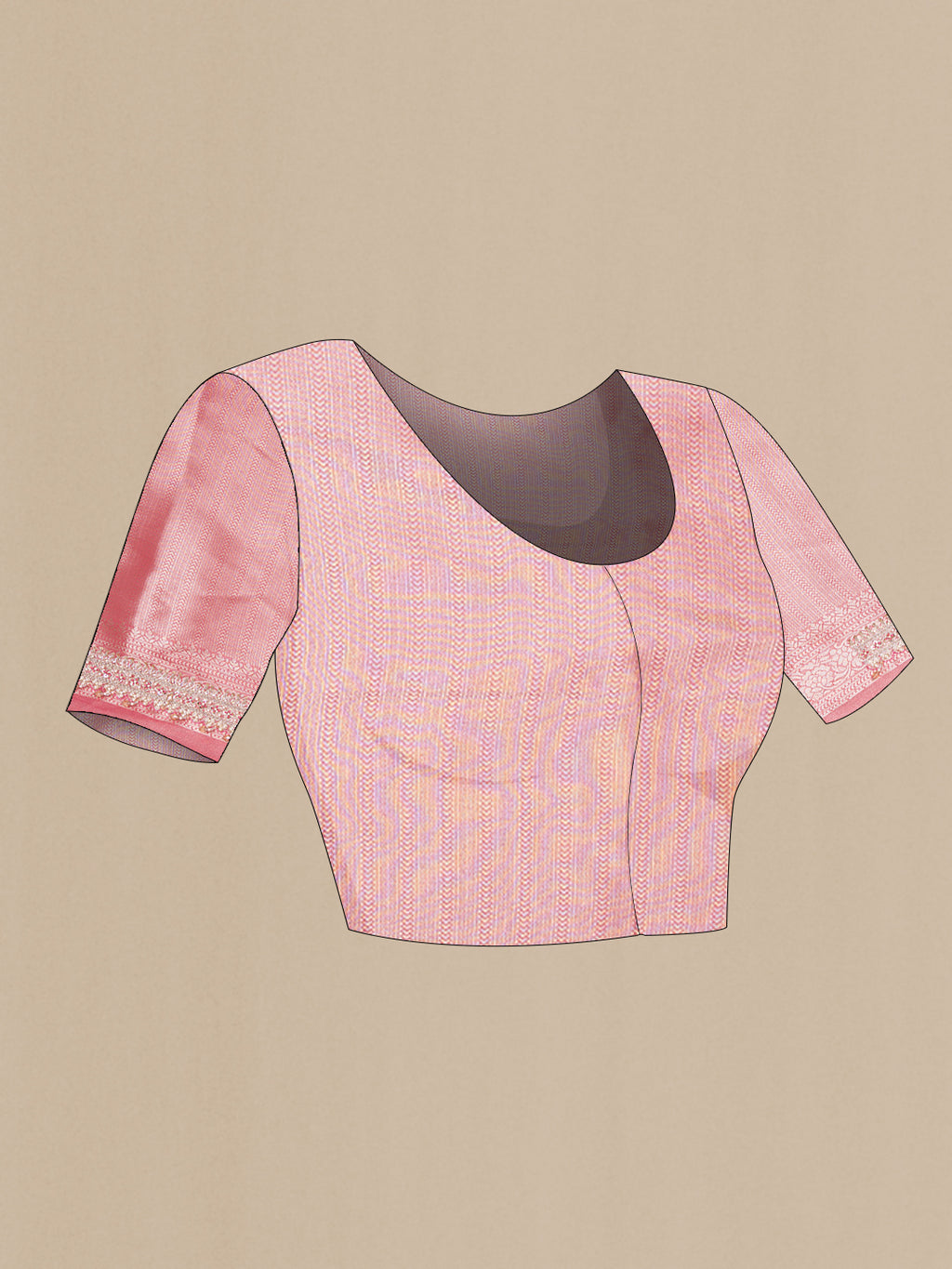 Close up image of the blouse of Rose Gold Dual Tone Banarasi Georgette Saree with Embroidery on the body and Embroidery Border. 