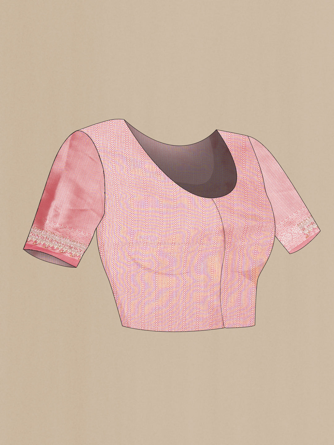 Close up image of the blouse of Rose Gold Dual Tone Banarasi Georgette Saree with Embroidery on the body and Embroidery Border. 