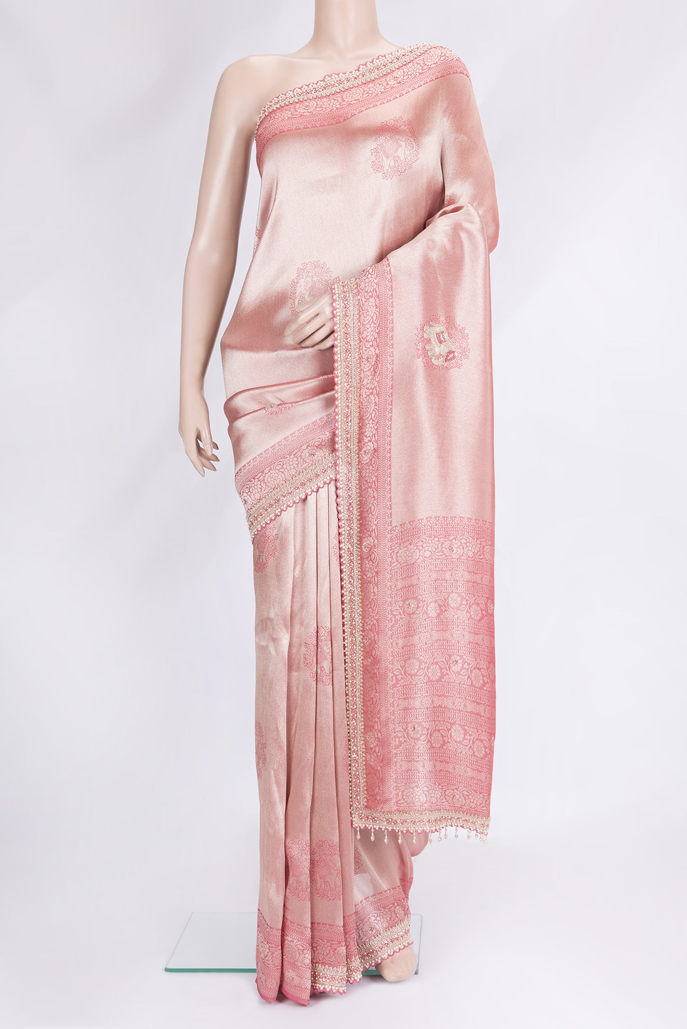 Rose Gold Dual Tone Banarasi Georgette Saree with Embroidery on the body and Embroidery Border.  displayed on a mannequin