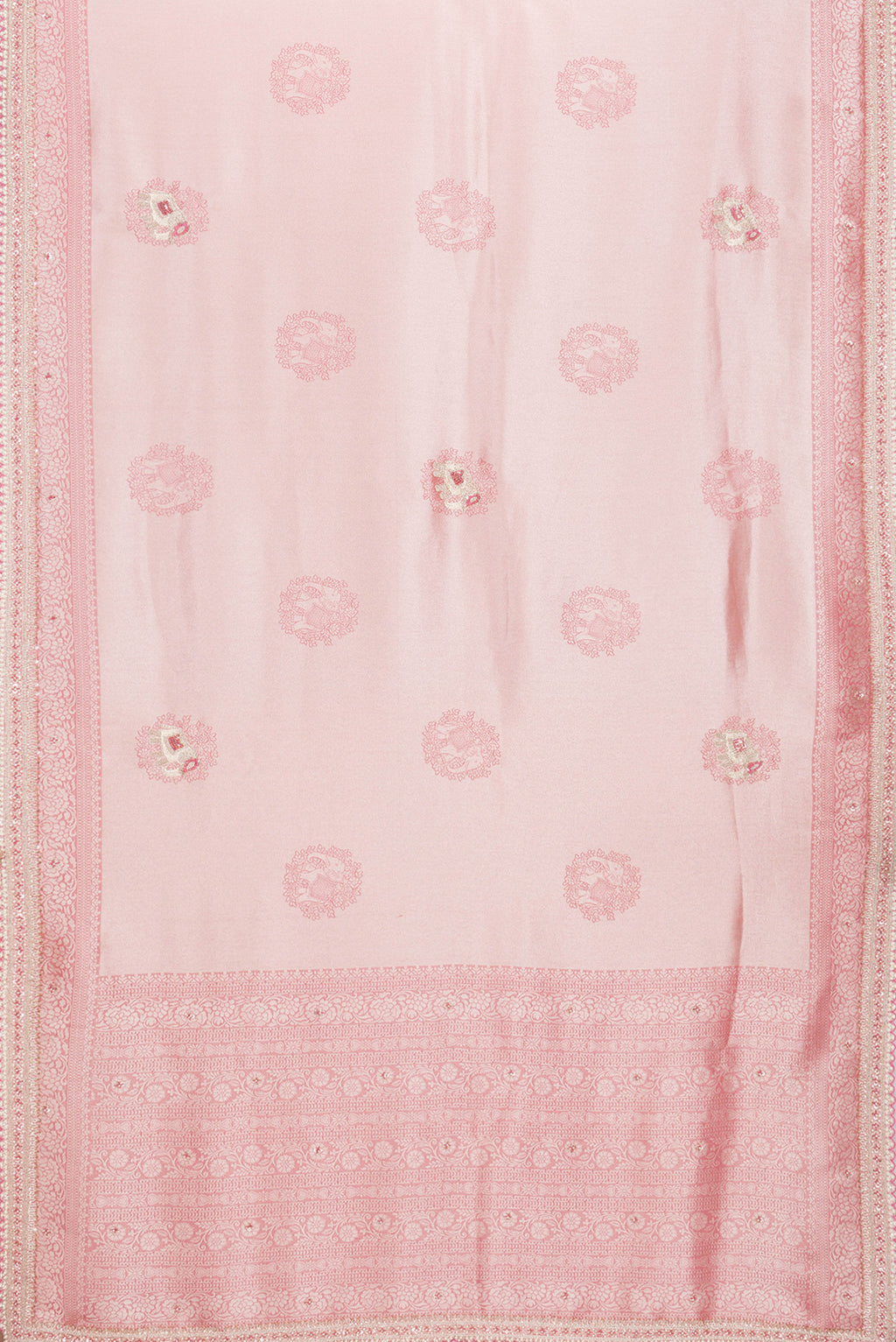 Flat view of Rose Gold Dual Tone Banarasi Georgette Saree with Embroidery on the body and Embroidery Border. 