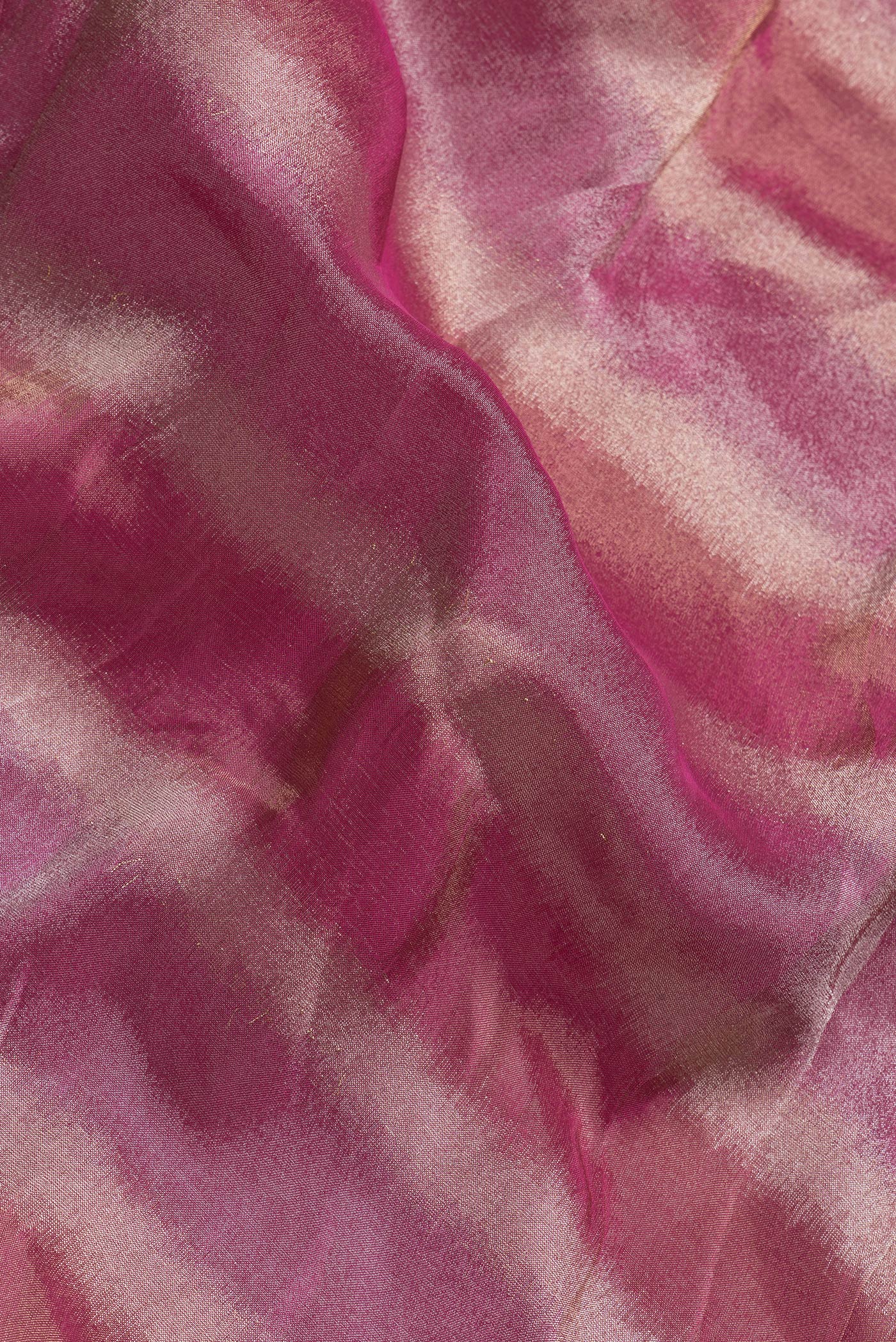Close up of Pink Dual Tone Banarasi Georgette Saree with Zari Brocade on the body and Embroidery Border.  displaying folds
