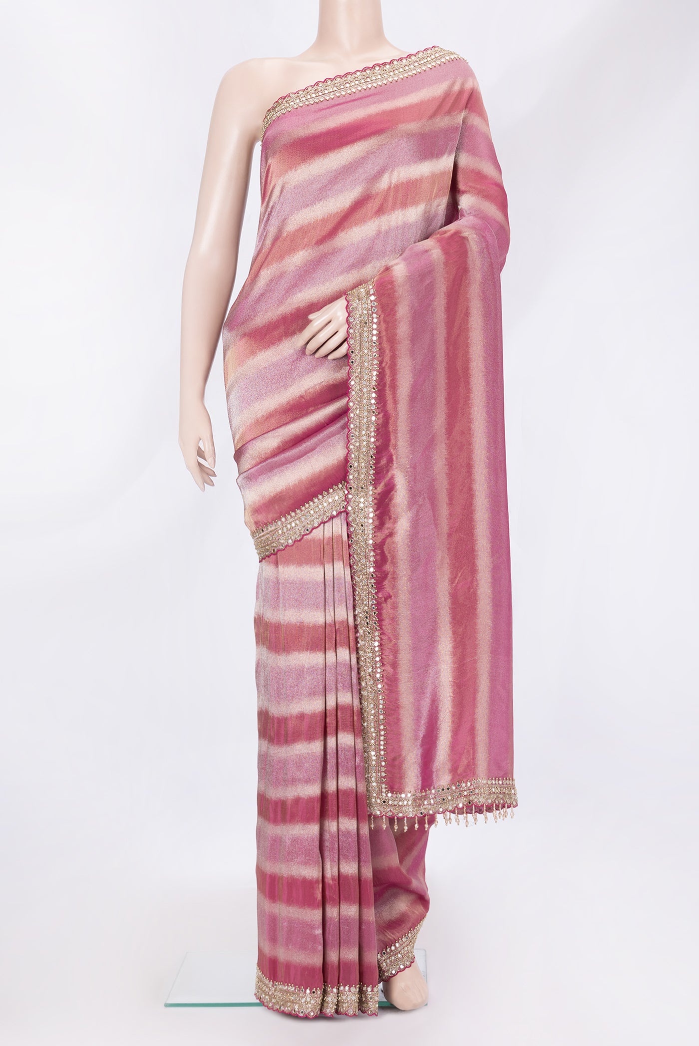 Pink Dual Tone Banarasi Georgette Saree with Zari Brocade on the body and Embroidery Border.  displayed on a mannequin