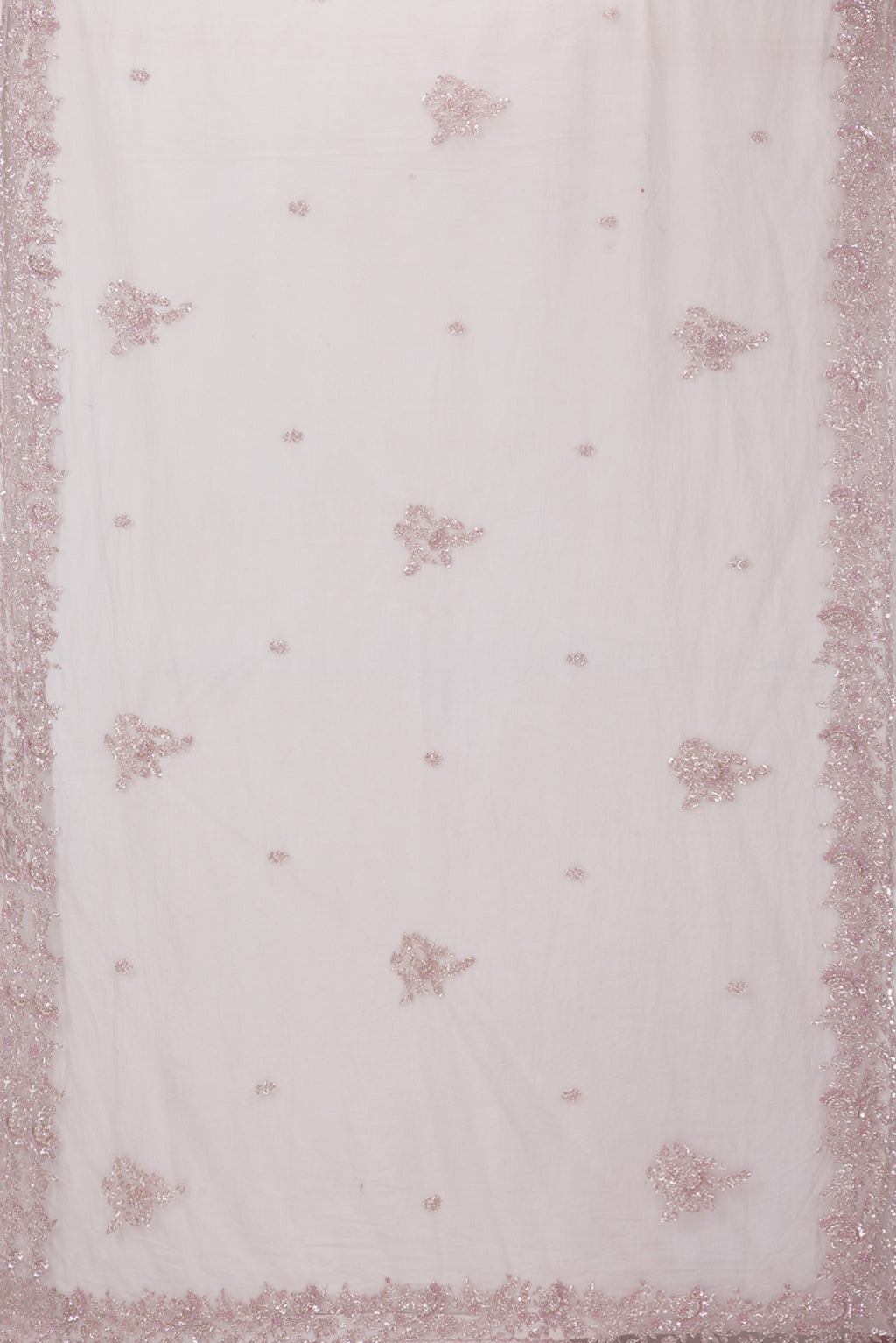 Flat view of Lavender Embroidery Net Saree with Embroidery on the body and Sequin Border. 