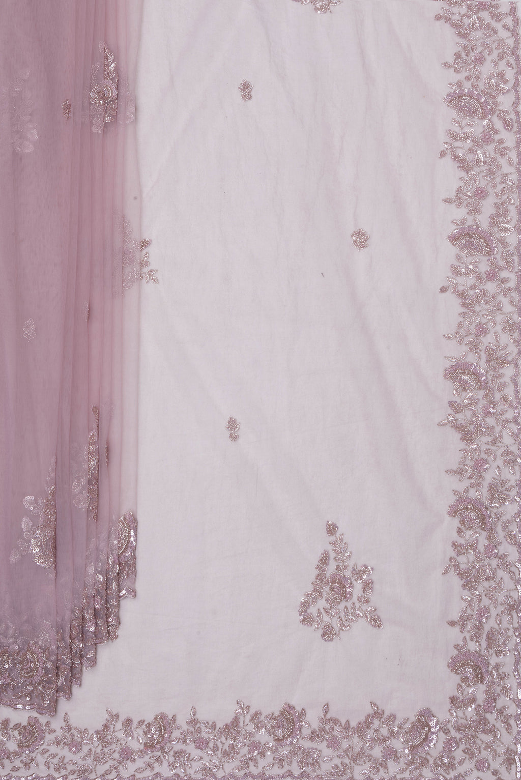 Pleats and pallu of Lavender Embroidery Net Saree with Embroidery on the body and Sequin Border. 