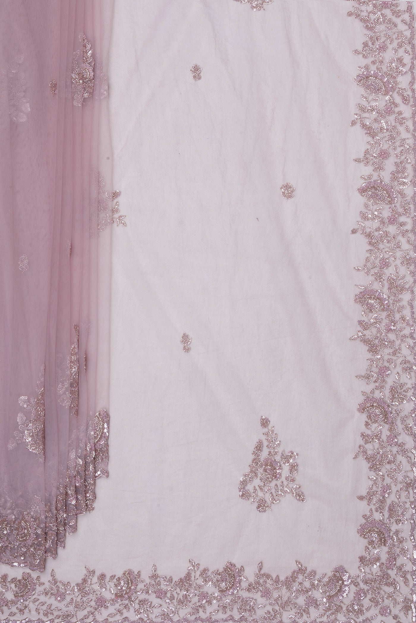 Pleats and pallu of Lavender Embroidery Net Saree with Embroidery on the body and Sequin Border. 