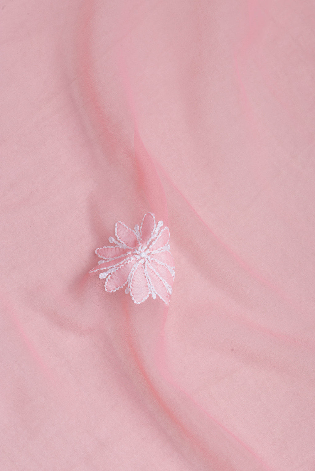 Close up of Rose pink Georgette Saree with Embroidery on the body and Embroidery Border.  displaying folds