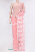 Rose pink Georgette Saree with Embroidery on the body and Embroidery Border.  displayed on a mannequin