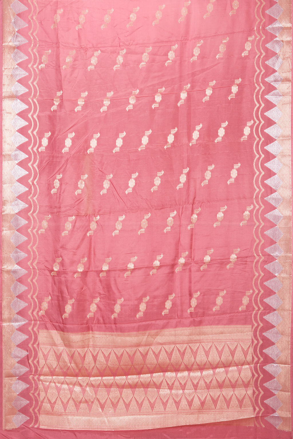 Flat view of Coral Tussar Silk Saree with Zari Butta on the body and Fancy Border. 