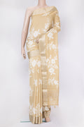 Sandal Chanderi Silk Saree with Printed design on the body and Zari Border.  displayed on a mannequin