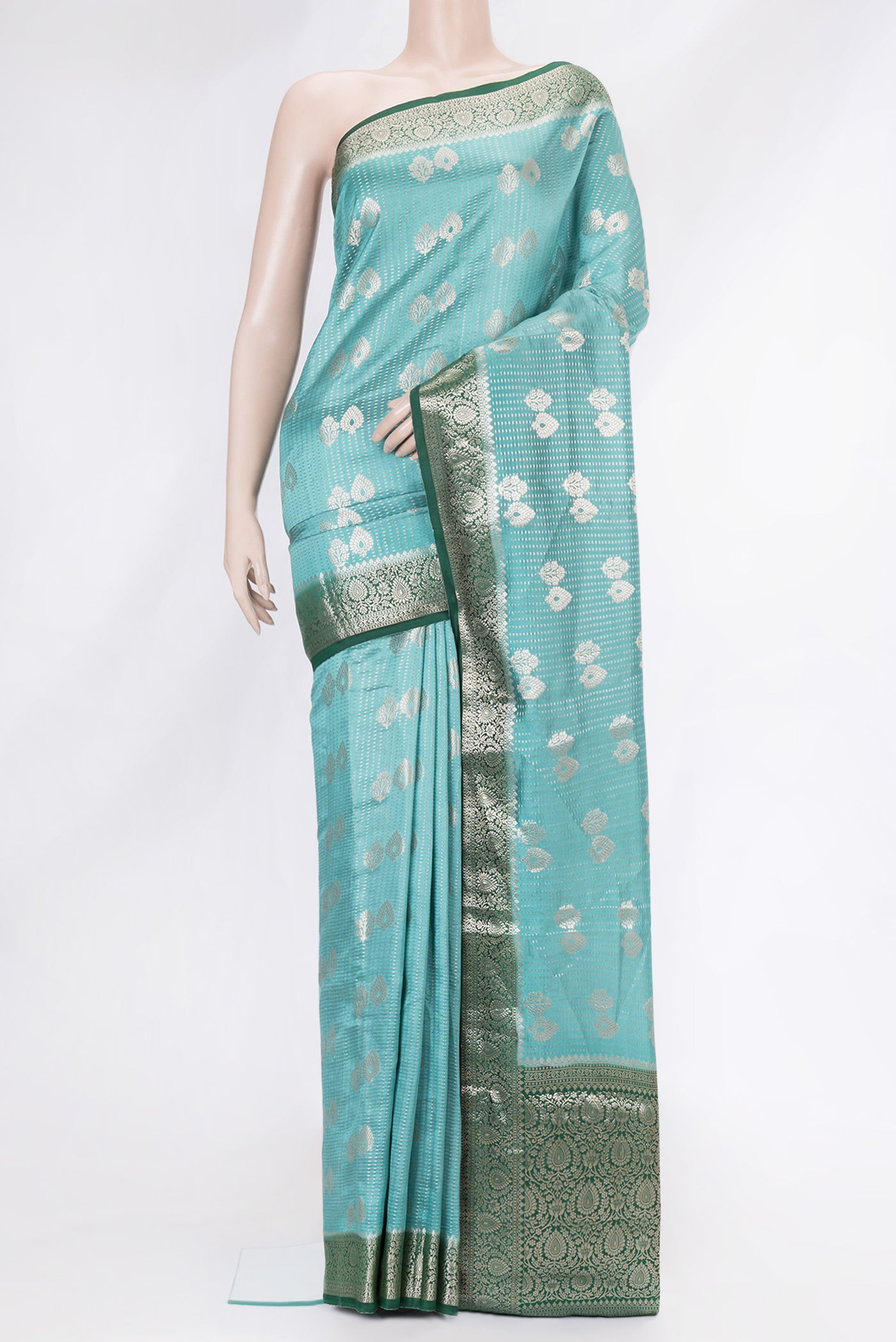 Light Blue Dual Tone Banarasi Raw Silk Saree with Zari Brocade on the body and Zari Border.  displayed on a mannequin