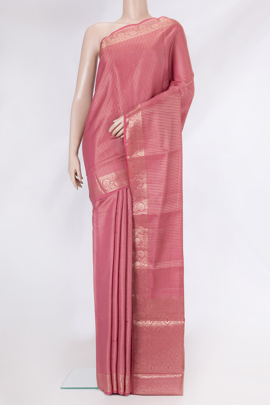 Pink Dual Tone Banarasi Raw Silk Saree with Zari Brocade on the body and Zari Border.  displayed on a mannequin
