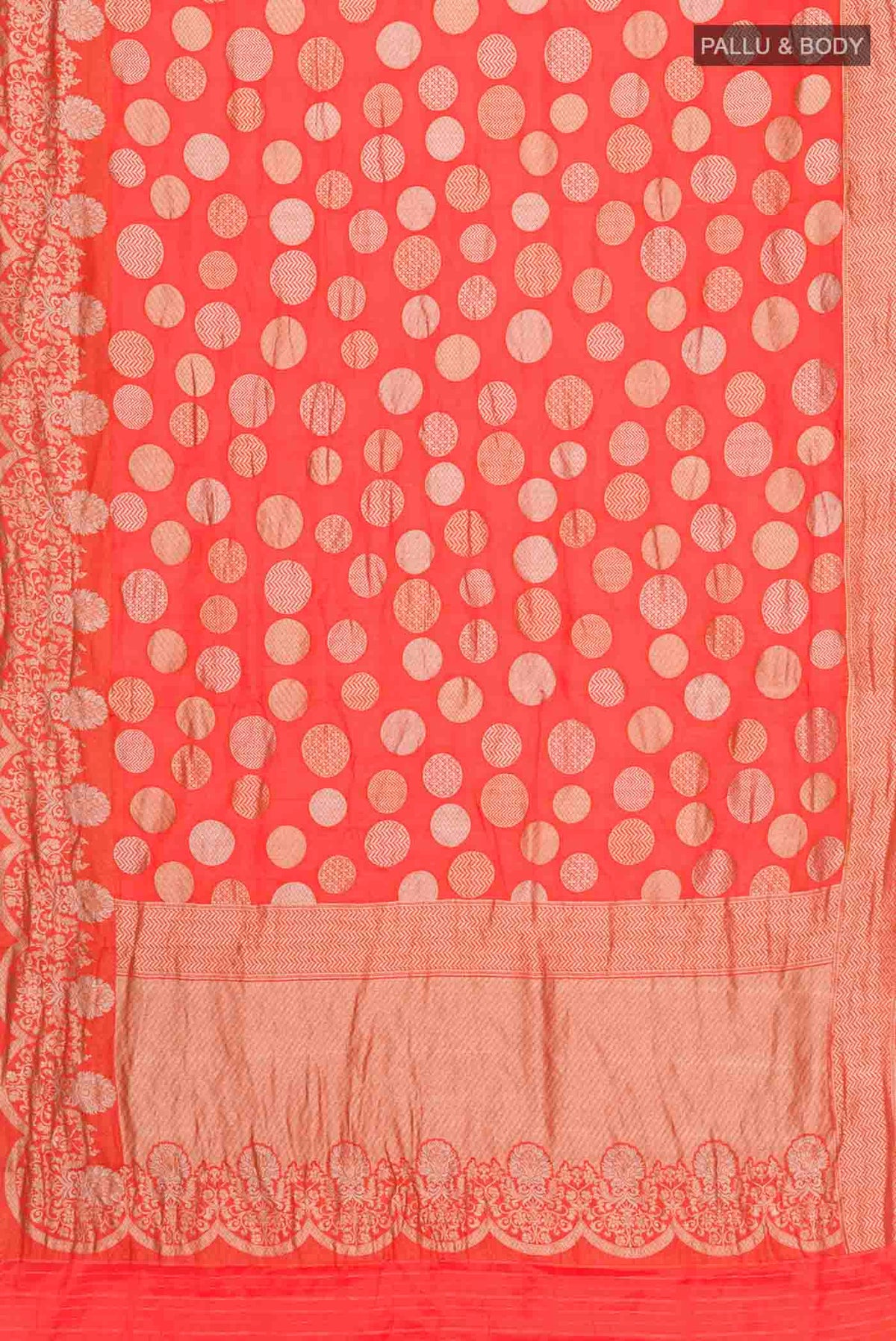 Flat view of Orange Banarasi Silk Saree with Zari Butta on the body and Zari Border