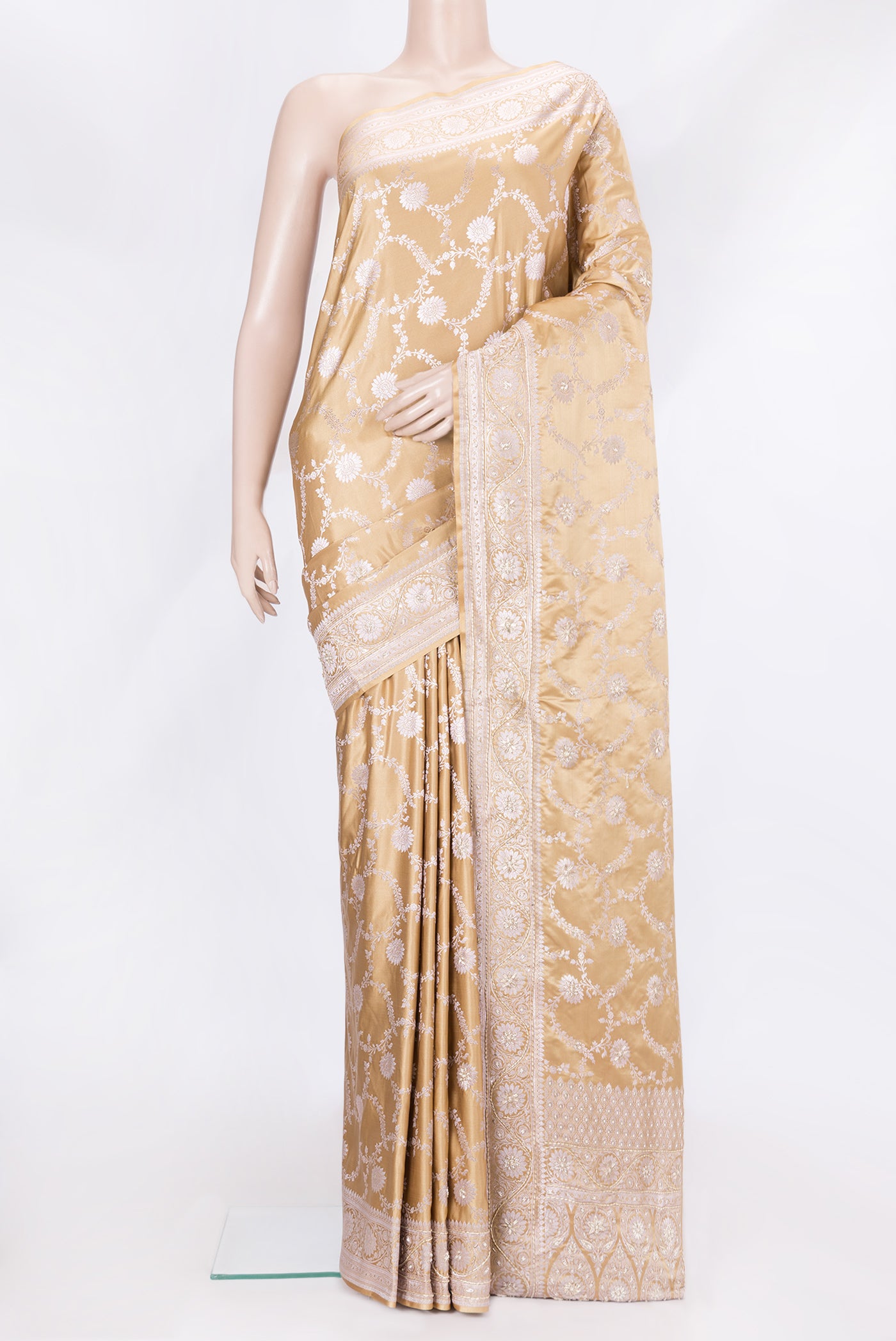 Sandal Dual Tone Banarasi Silk Saree with Embroidery on the body and Embroidery Border.  displayed on a mannequin