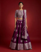 Burgundy Banarasi Silk Womens Lehenga set featuring Zari Brocade Choli paired with Burgundy Zari Brocade Skirt with Zari Border and a Zari Butta dupatta in Burgundy