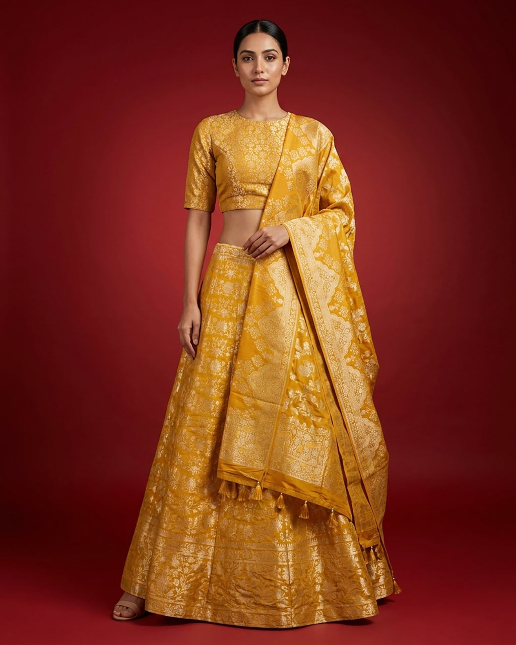 Mustard Banarasi Silk Womens Lehenga set featuring Zari Brocade Choli paired with Mustard Zari Brocade Skirt with Zari Border and a Zari Brocade dupatta in Mustard