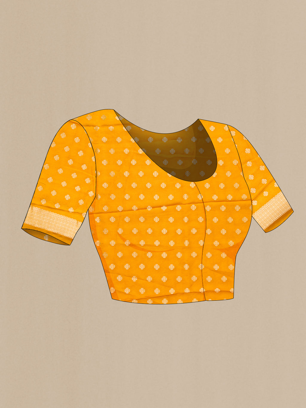 Close up image of the blouse of Mustard Dual Tone Mysore Crepe Saree with Zari Butta on the body and Fancy Border. 