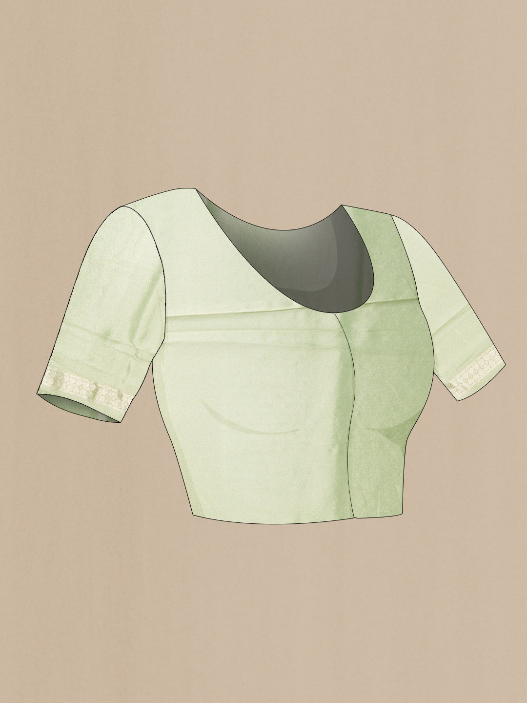 Close up image of the blouse of Pista Green Dual Tone Organza Silk Saree with Zari Brocade on the body and Zari Border. 