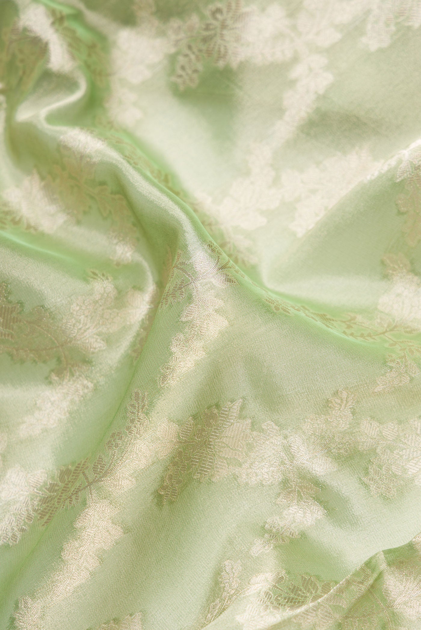 Close up of Pista Green Dual Tone Organza Silk Saree with Zari Brocade on the body and Zari Border.  displaying folds