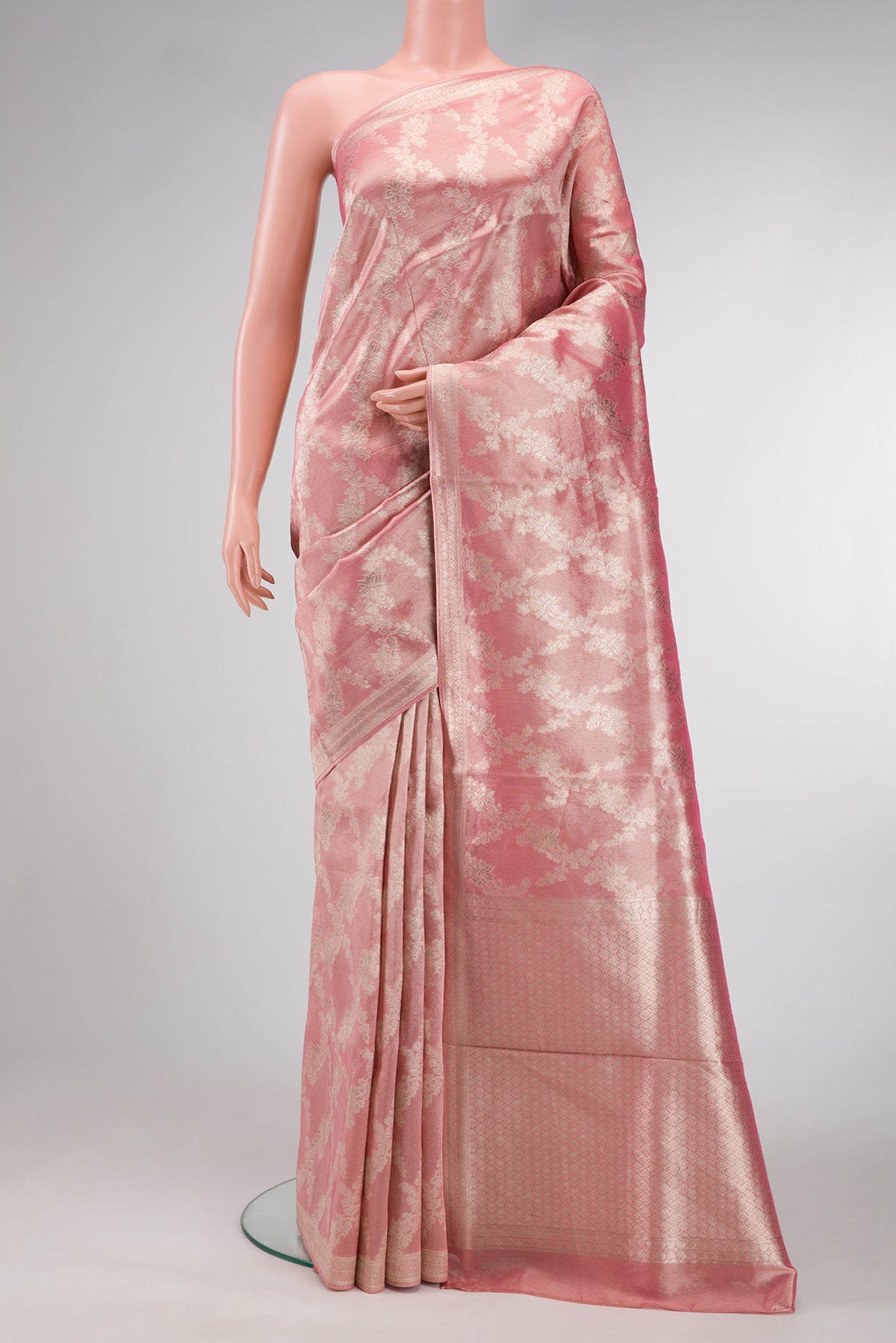 Pink Dual Tone Organza Silk Saree with Zari Brocade on the body and Zari Border.  displayed on a mannequin