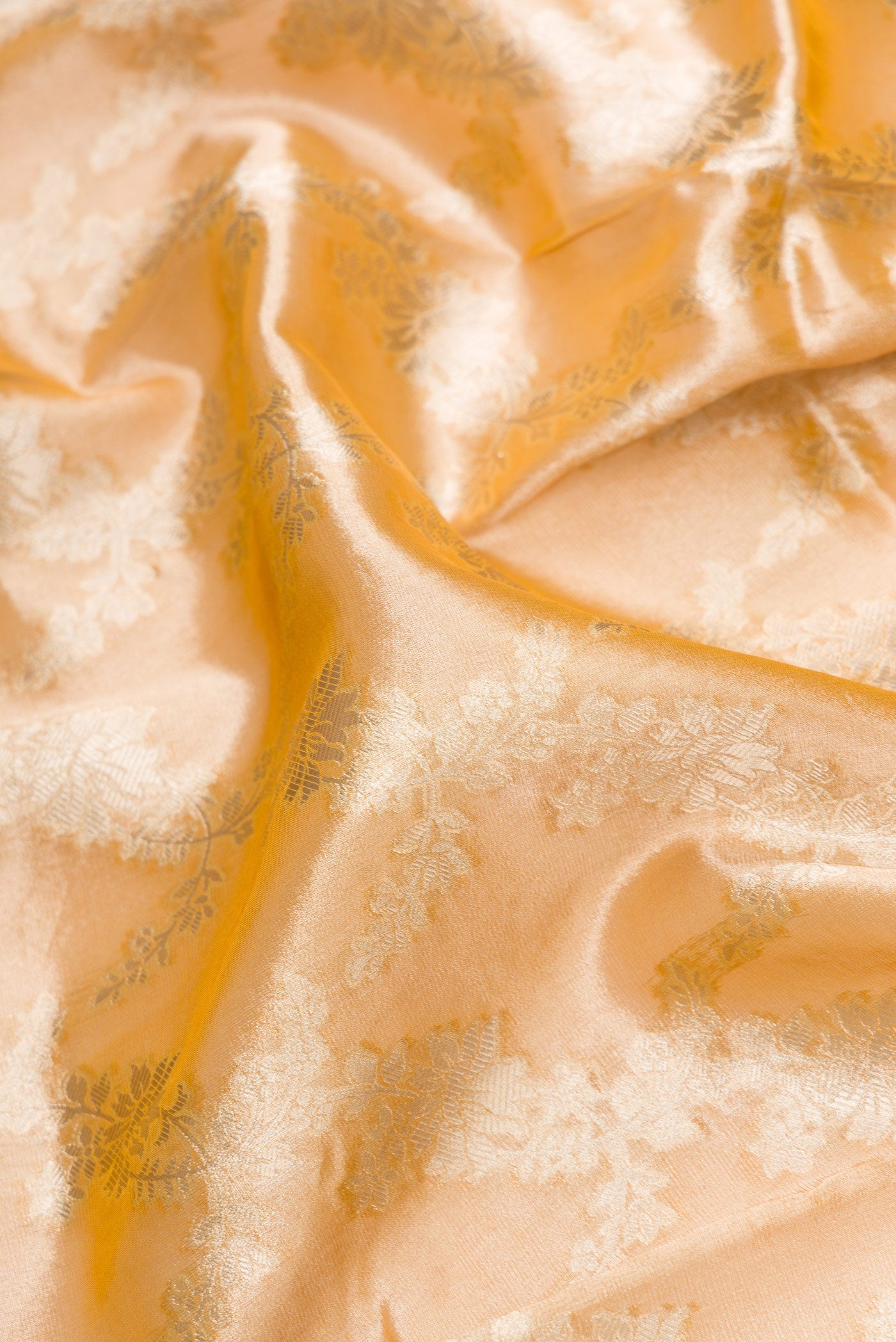 Close up of Gold Dual Tone Organza Silk Saree with Zari Brocade on the body and Zari Border.  displaying folds
