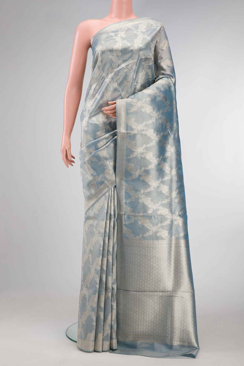 Maya Blue Dual Tone Organza Silk Saree with Zari Brocade on the body and Zari Border.  displayed on a mannequin