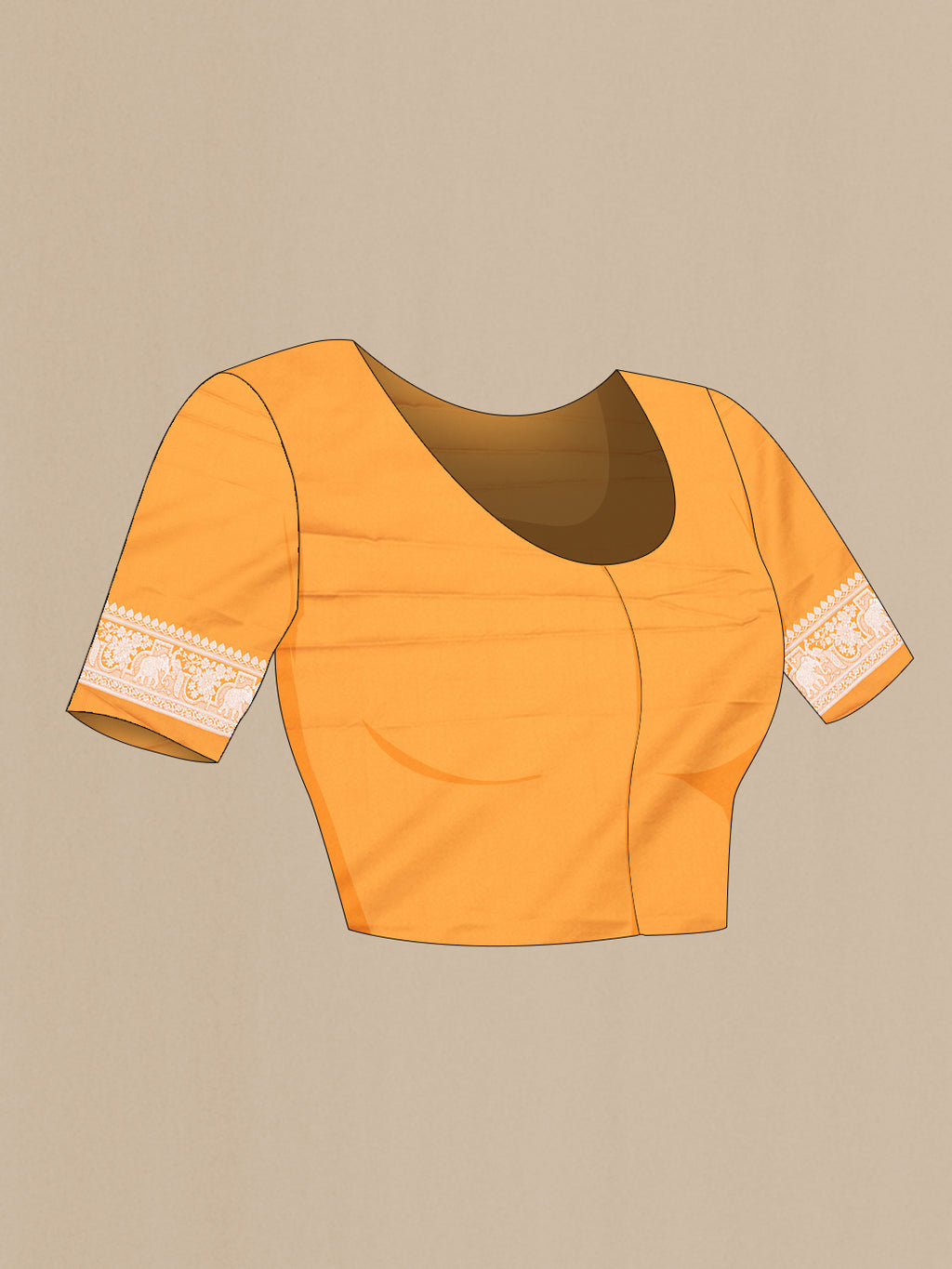 Close up image of the blouse of Mustard Banarasi Silk Saree with Zari Butta on the body and Zari Border. 