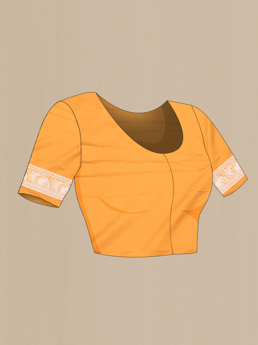 Close up image of the blouse of Mustard Banarasi Silk Saree with Zari Butta on the body and Zari Border. 