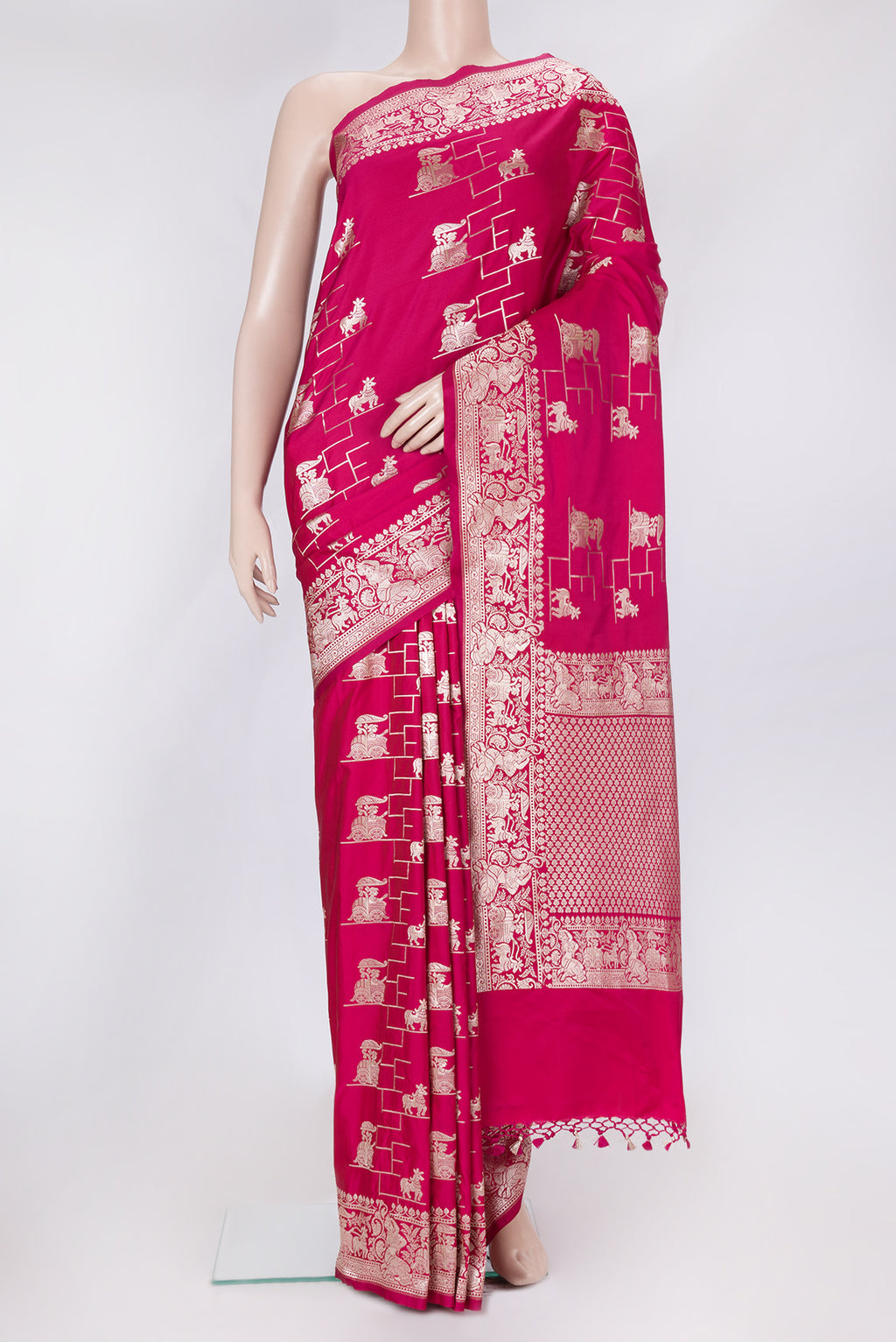 Dark Pink Dual Tone Banarasi Silk Saree with Zari Butta on the body and Fancy Border.  displayed on a mannequin