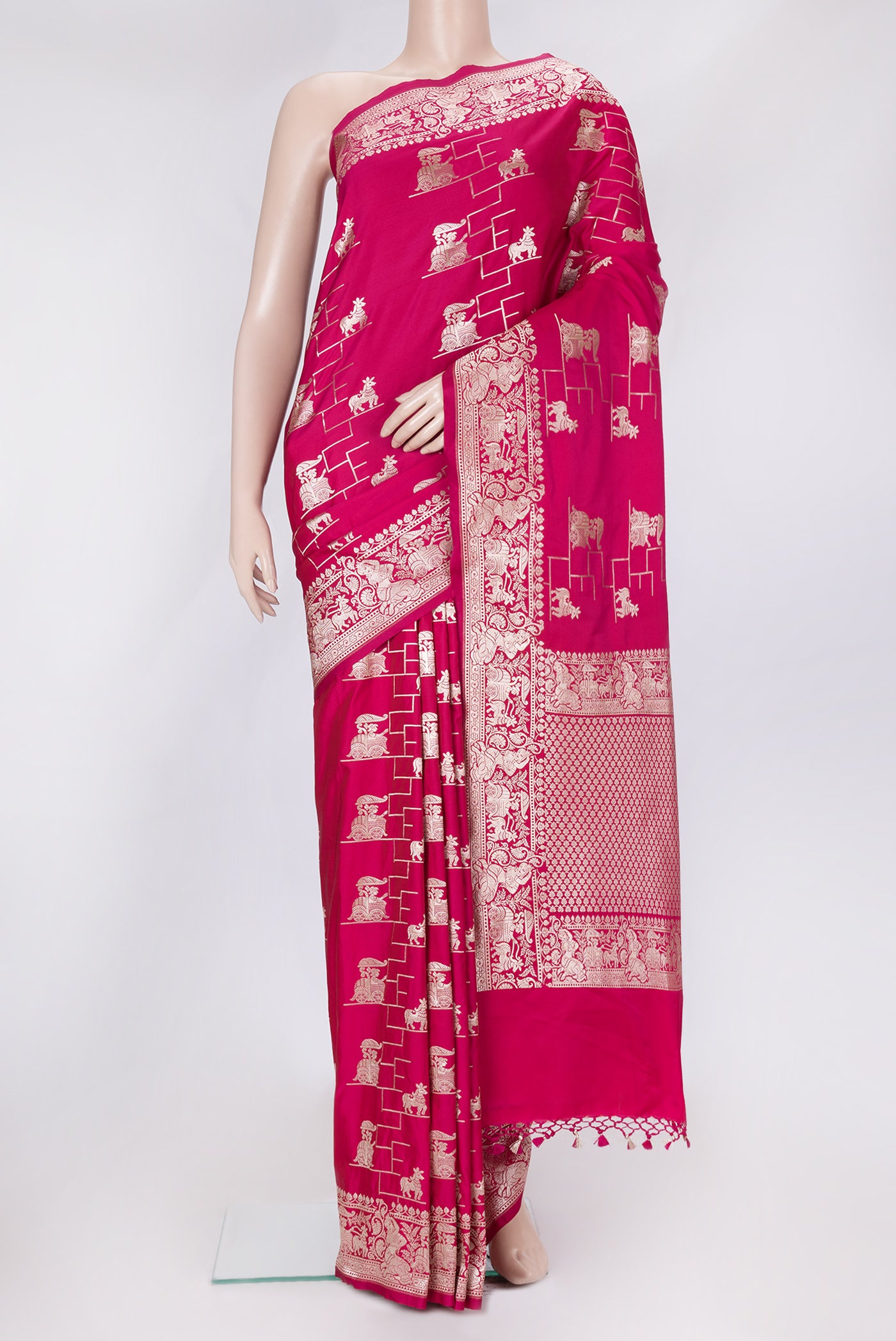 Dark Pink Dual Tone Banarasi Silk Saree with Zari Butta on the body and Fancy Border.  displayed on a mannequin
