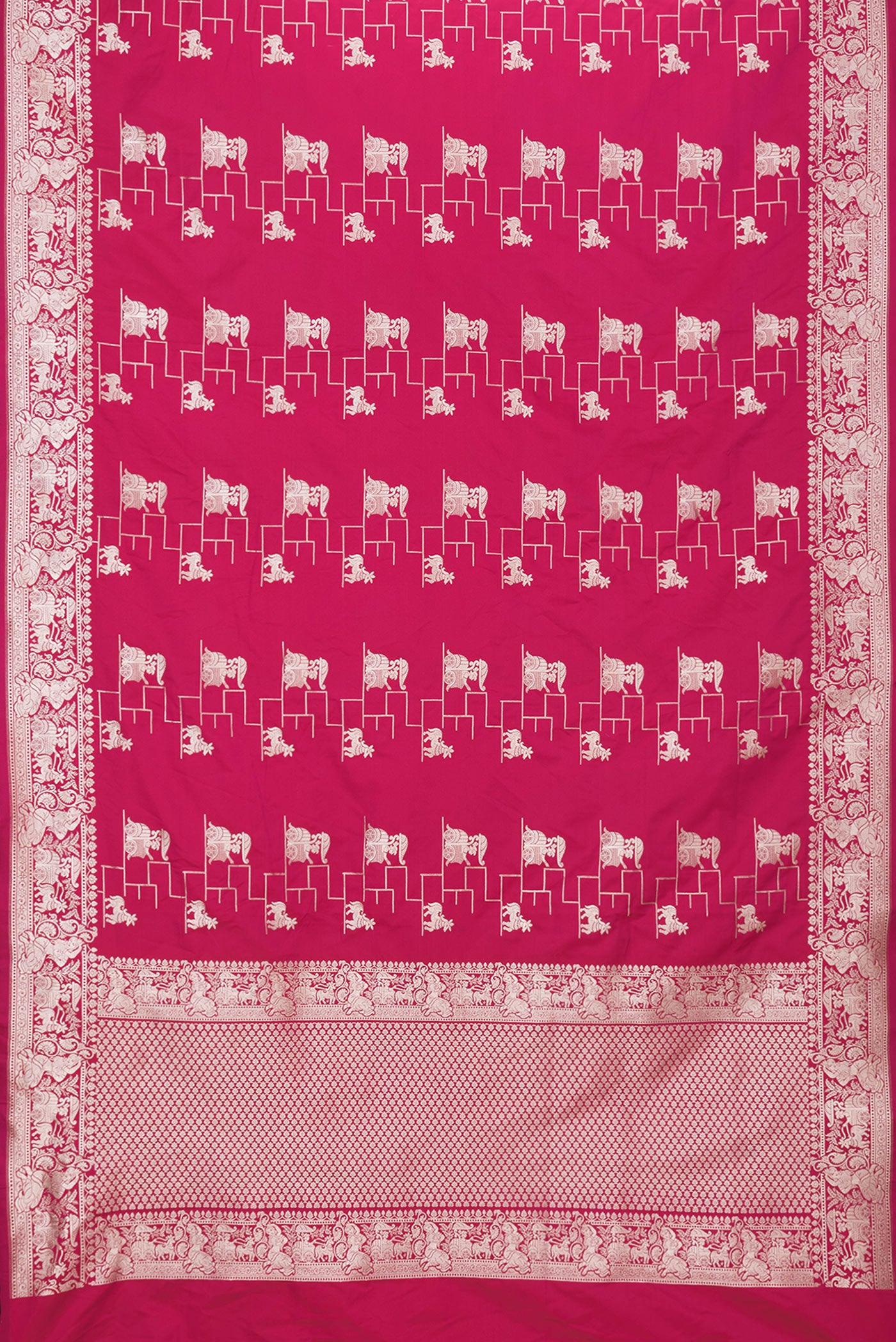 Flat view of Dark Pink Dual Tone Banarasi Silk Saree with Zari Butta on the body and Fancy Border. 