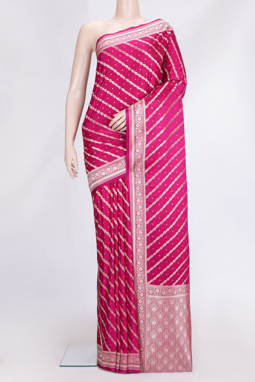 Pink Dual Tone Blended Banarasi Silk Saree with Zari Brocade on the body and Zari Border.  displayed on a mannequin