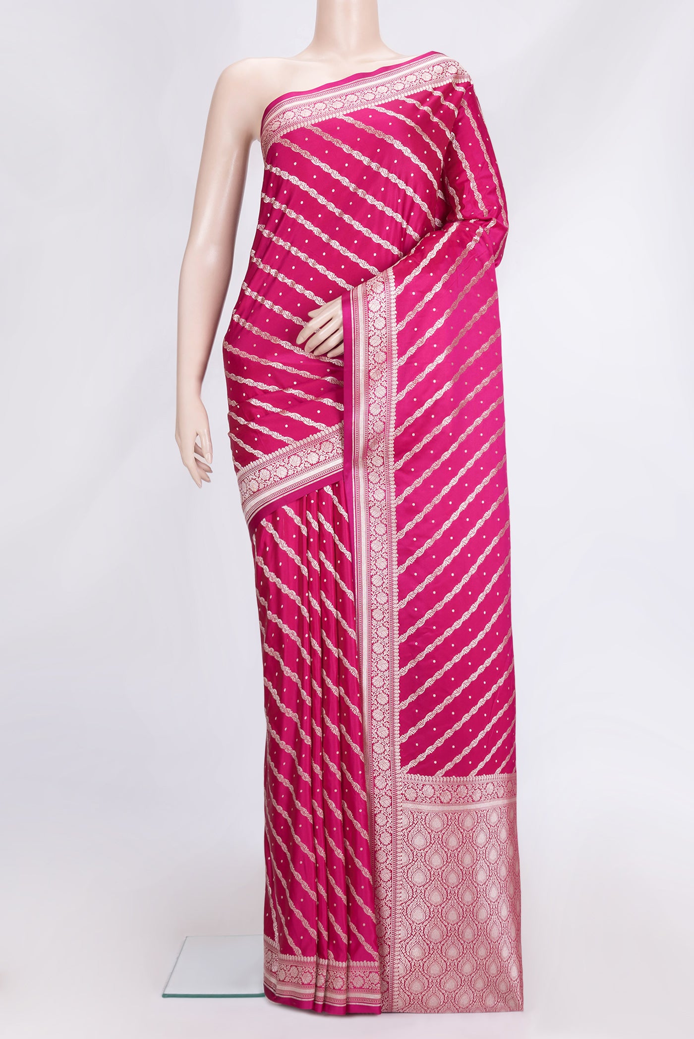 Pink Dual Tone Blended Banarasi Silk Saree with Zari Brocade on the body and Zari Border.  displayed on a mannequin