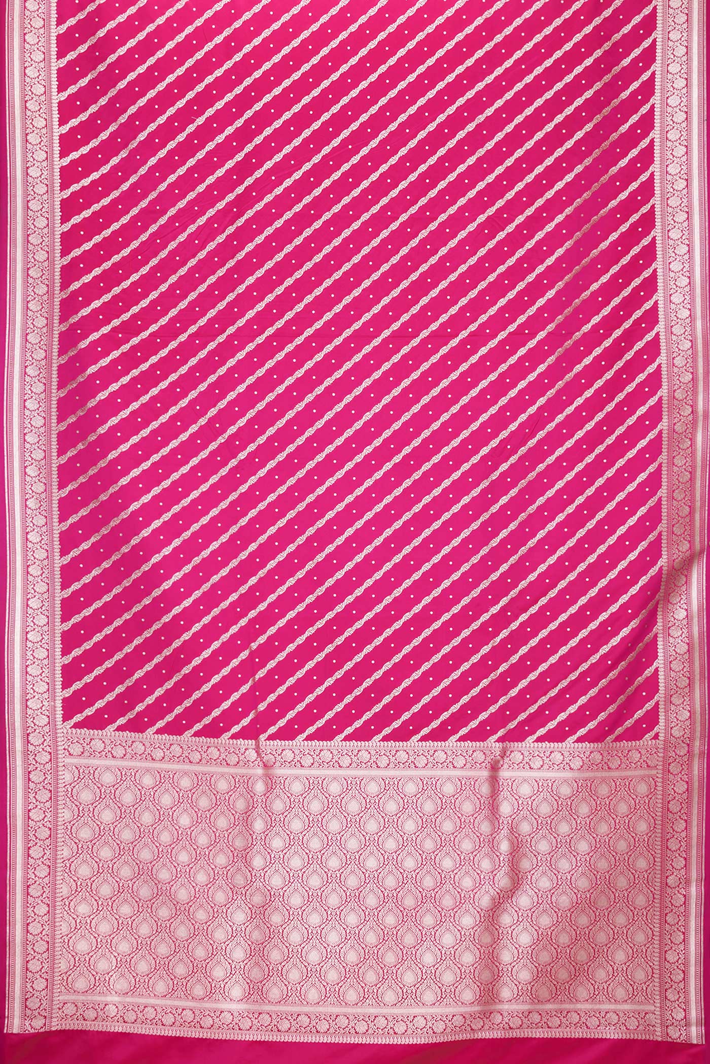 Flat view of Pink Dual Tone Blended Banarasi Silk Saree with Zari Brocade on the body and Zari Border. 
