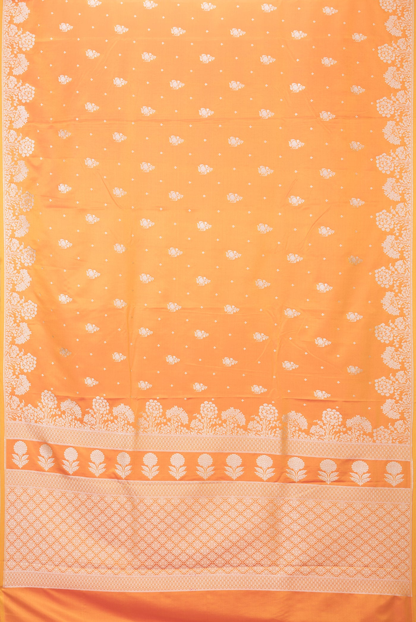 Flat view of Mustard Dual Tone Blended Banarasi Silk Saree with Zari Butta on the body and Zari Border. 