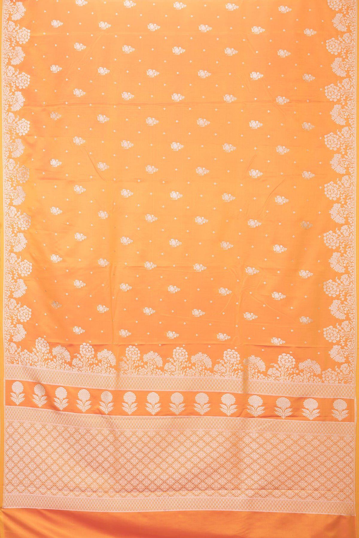 Flat view of Mustard Dual Tone Blended Banarasi Silk Saree with Zari Butta on the body and Zari Border. 