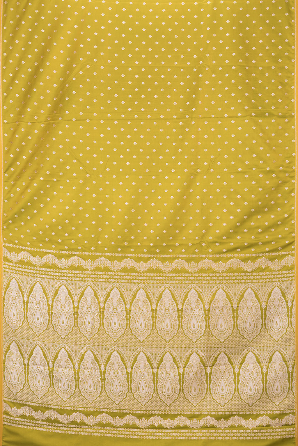 Flat view of Mehandi Green Blended Banarasi Silk Saree with Zari Butta on the body and Zari Border. 