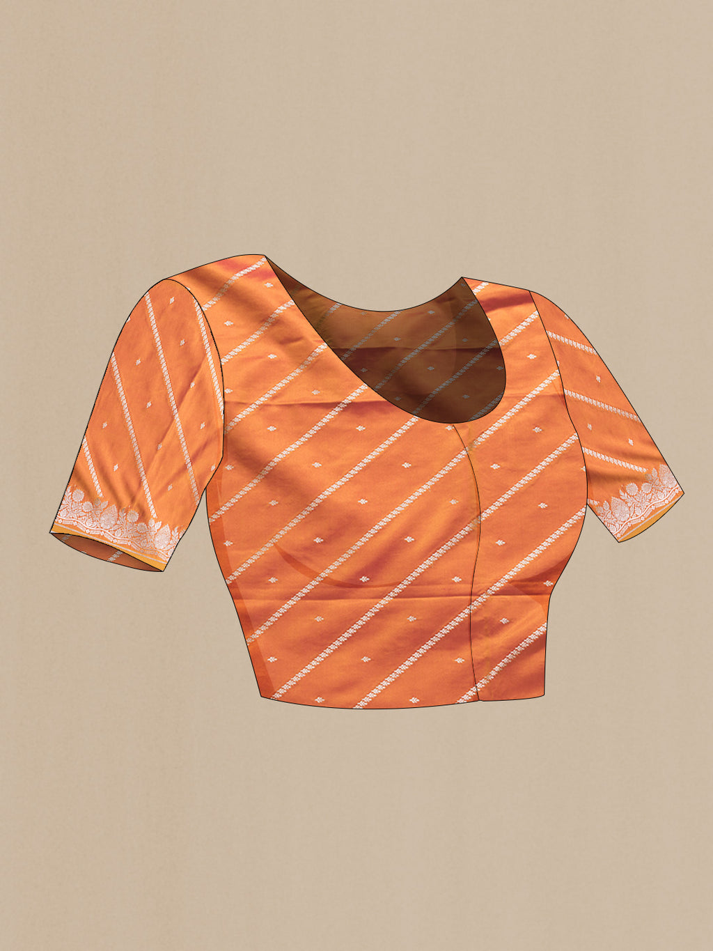 Close up image of the blouse of Coral Dual Tone Banarasi Silk Saree with Zari Butta on the body and Fancy Border. 