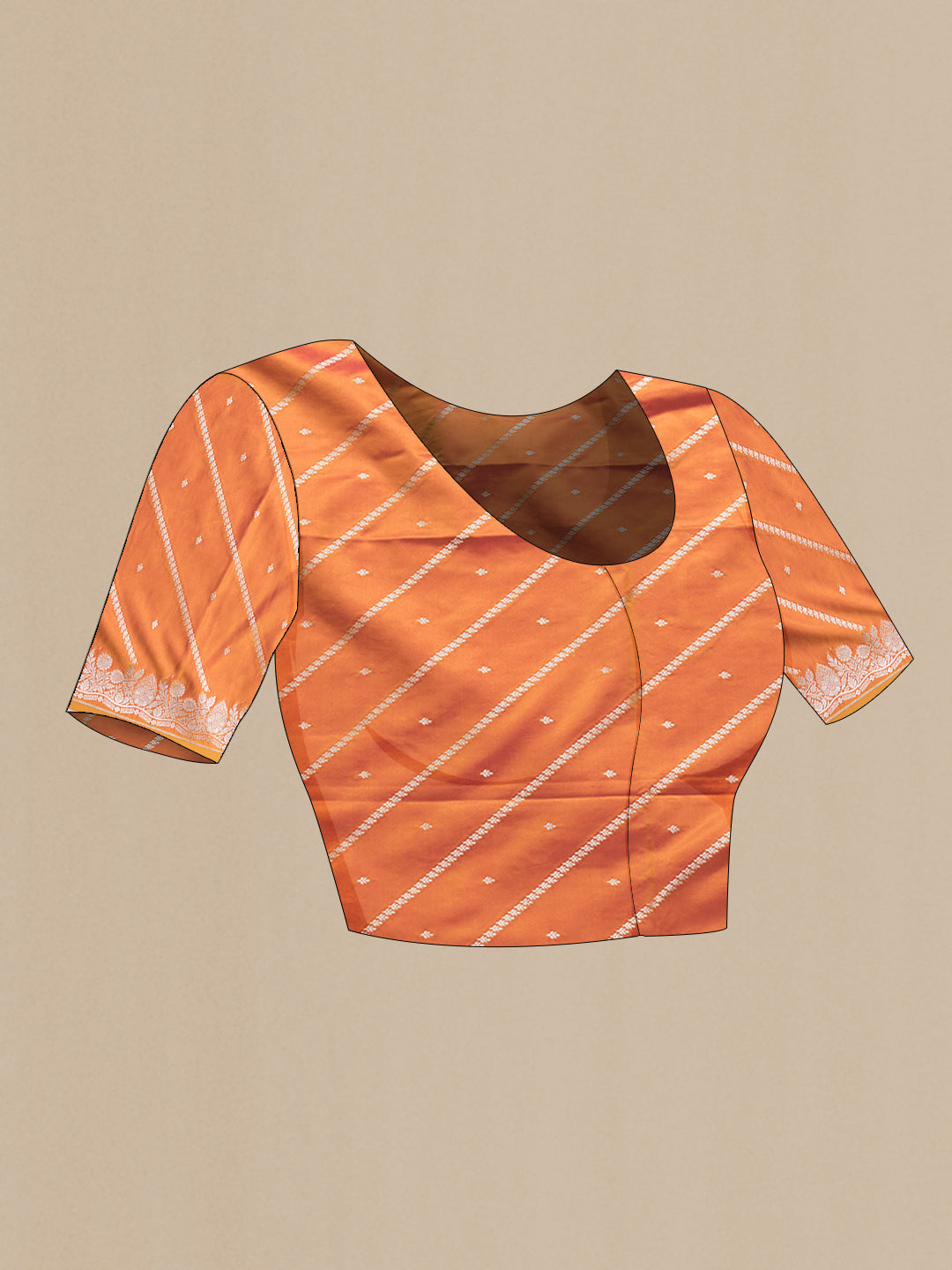 Close up image of the blouse of Coral Dual Tone Banarasi Silk Saree with Zari Butta on the body and Fancy Border. 