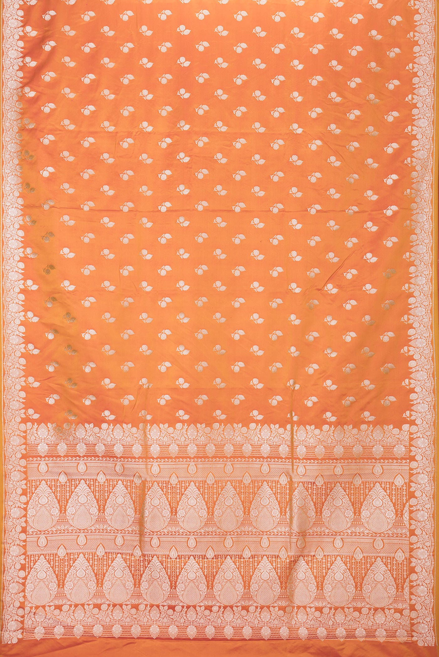 Flat view of Coral Dual Tone Banarasi Silk Saree with Zari Butta on the body and Fancy Border. 