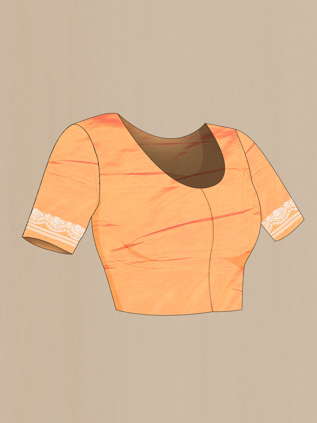 Close up image of the blouse of Orange Dual Tone Blended Banarasi Saree with Zari Butta on the body and Zari Border. 