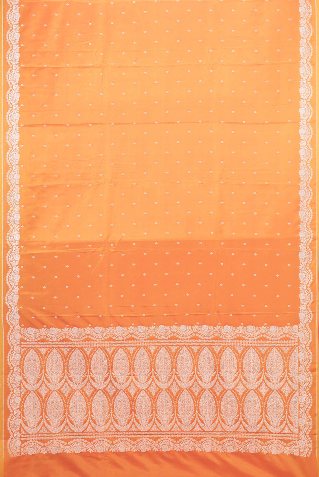Flat view of Orange Dual Tone Blended Banarasi Saree with Zari Butta on the body and Zari Border. 
