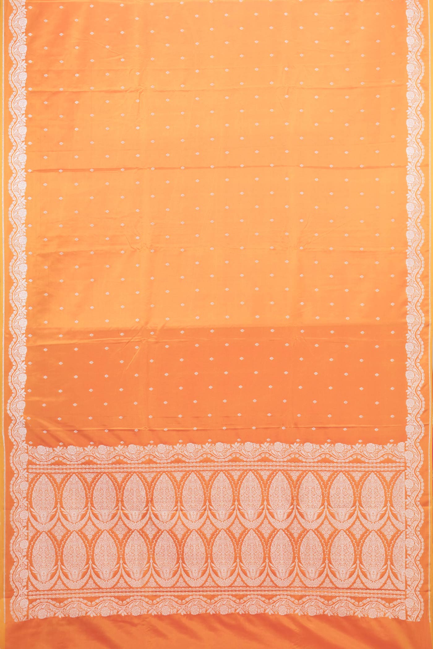 Flat view of Orange Dual Tone Blended Banarasi Saree with Zari Butta on the body and Zari Border. 